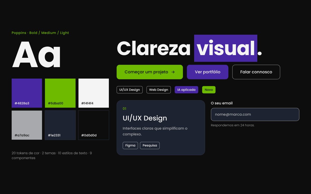 Design system da LSX: tipografia Poppins, paleta e componentes