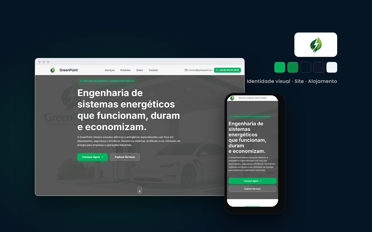 Site da GreenPoint em computador e telemóvel, com o logótipo e a paleta de cores da marca