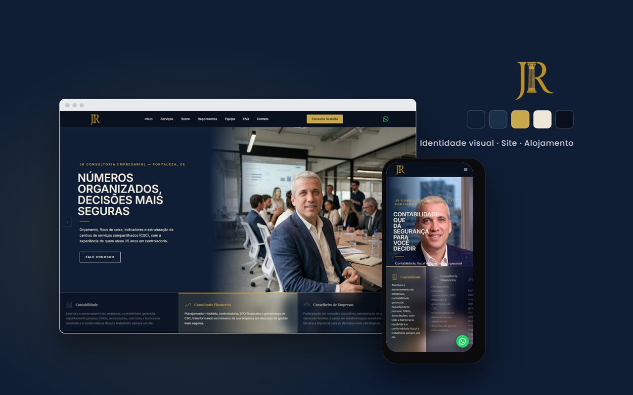 Site da JR Consultoria Empresarial em computador e telemóvel, com o logótipo e a paleta de cores da marca